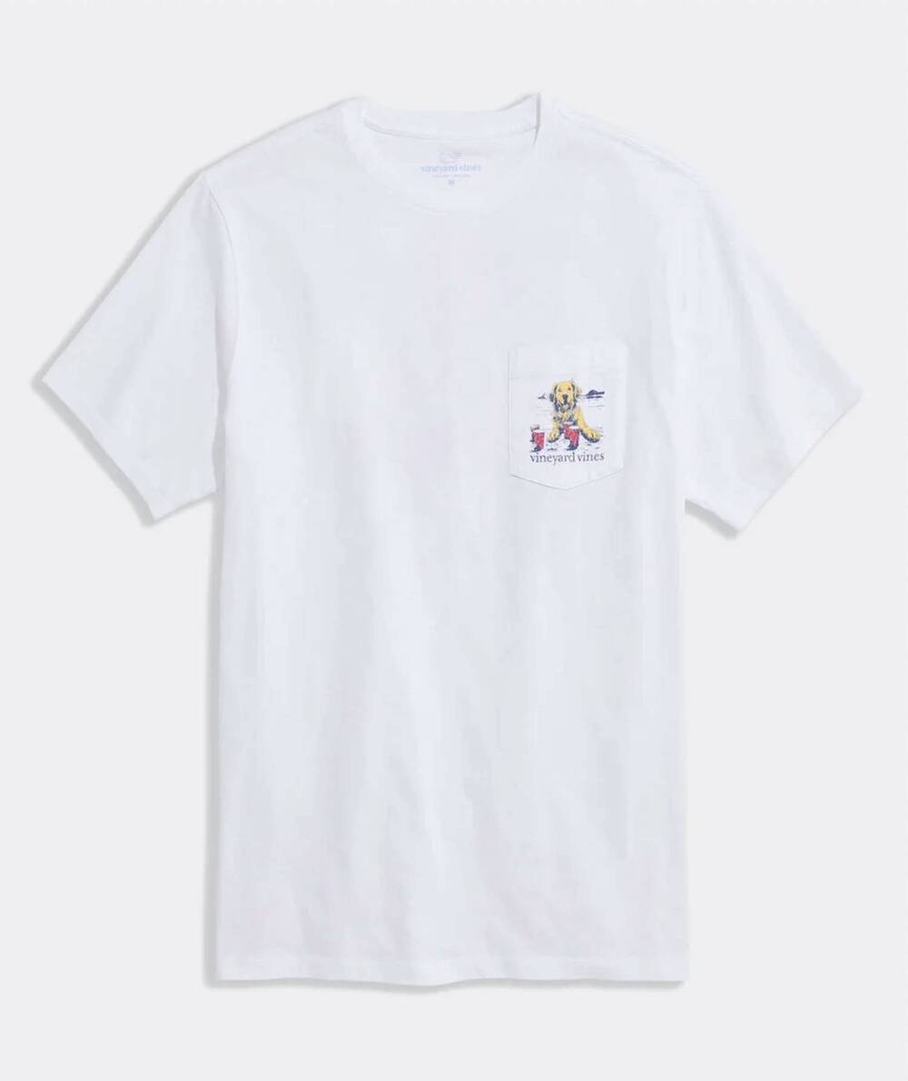 NEW VINEYARD VINES men's pup cup short-sleeve pocket tee in white cap